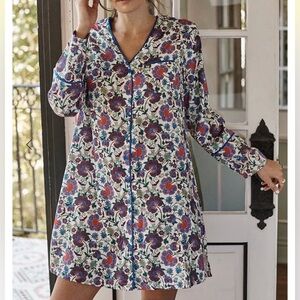 Summersalt Cloud 9 Boyfriend Satin Sleep Shirt Floral Button-Front Long Sleeve
